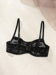 Sujetador de encaje con soporte de aros para mujer, lencería sexy - Negro - Ver 2