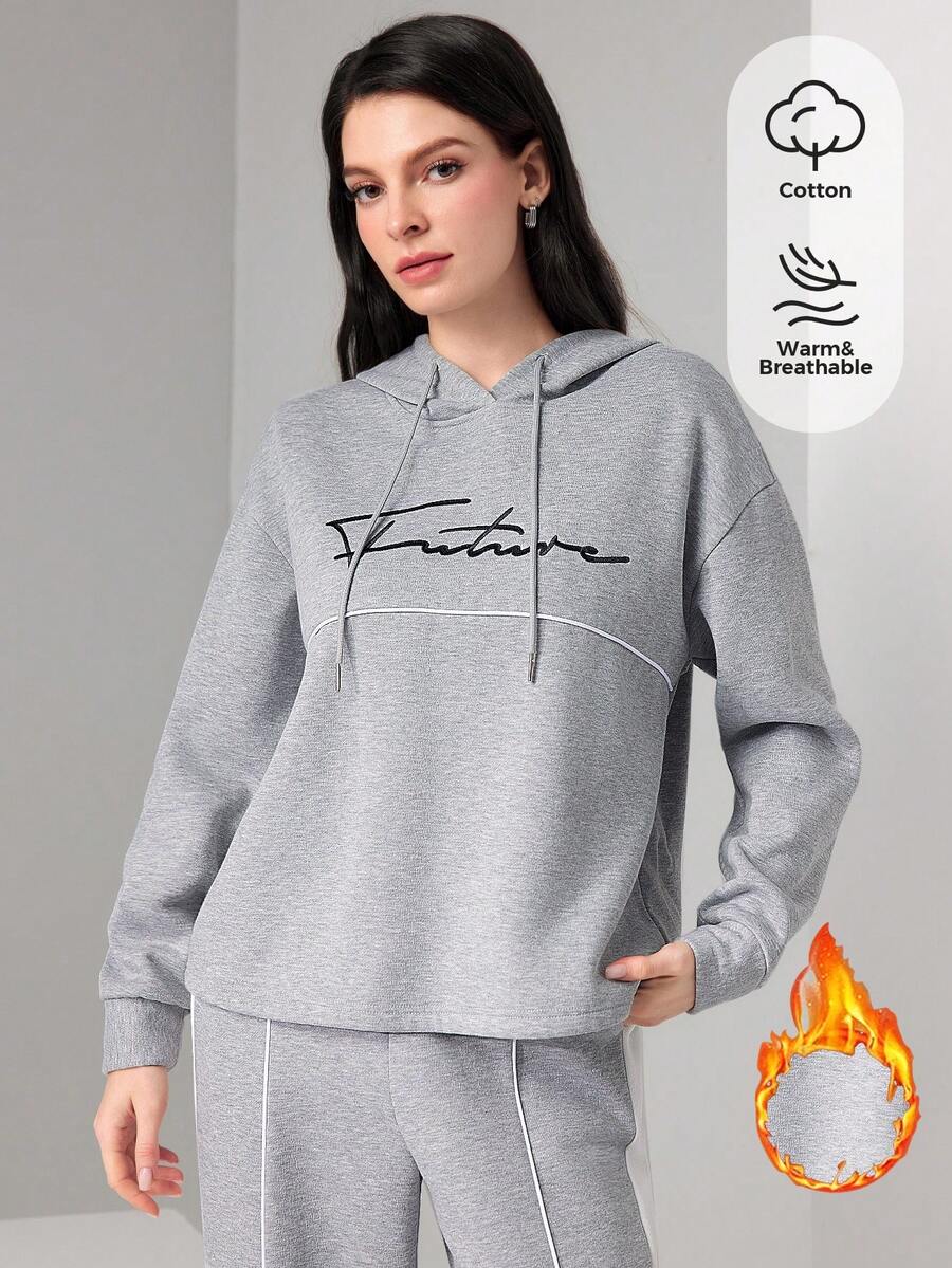 Mulvari Capucha con estampado de letra de hombros caídos con cordón - Gris - Ver 1