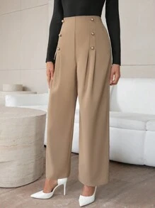 SHEIN Privé Women's Double-breasted Buttoned Trousers - Khaki - View 6