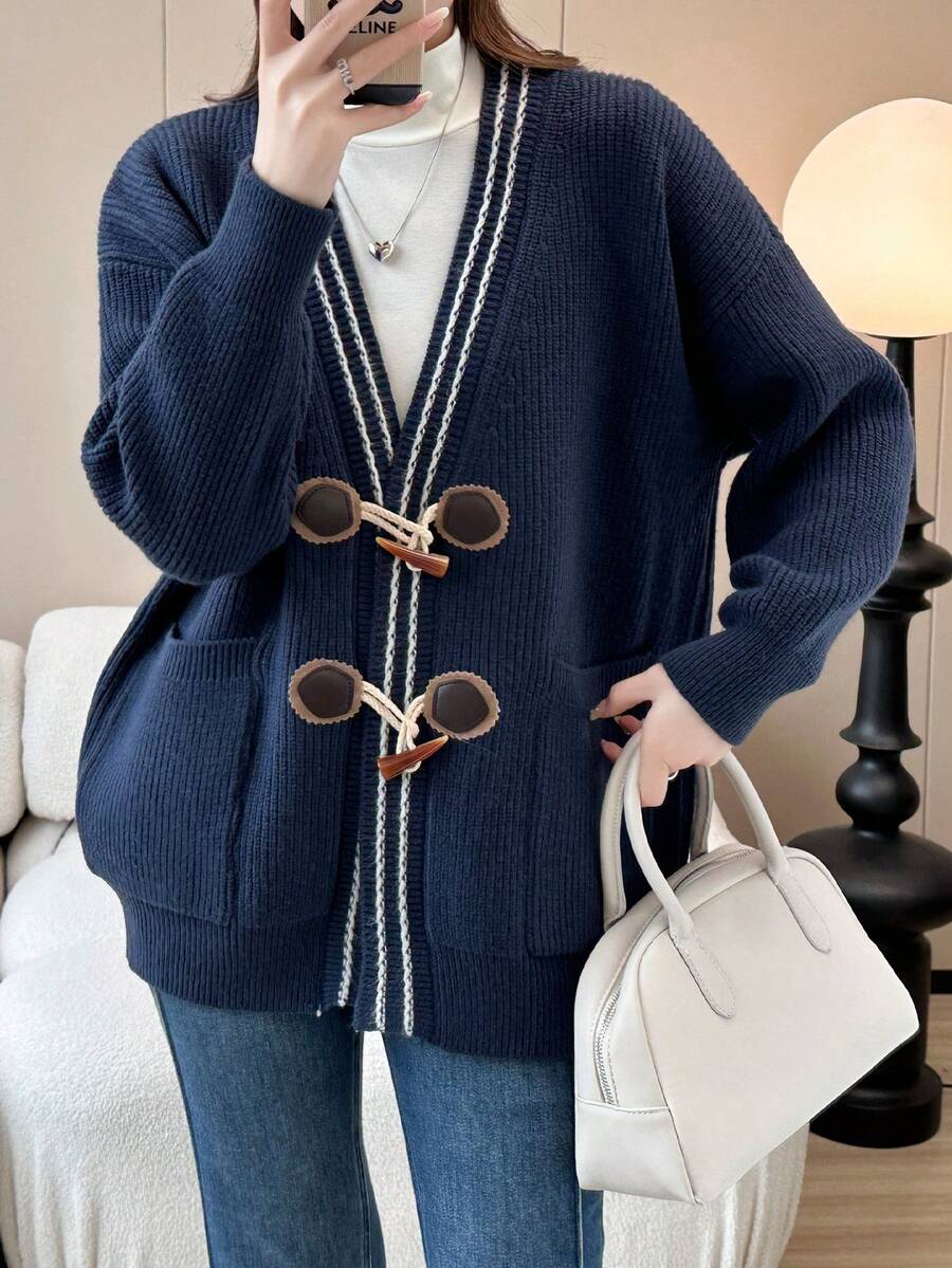 Elegante cárdigan con cuello en V, botones con cuernos de cordero, primavera y otoño - Azul Marino - Ver 1
