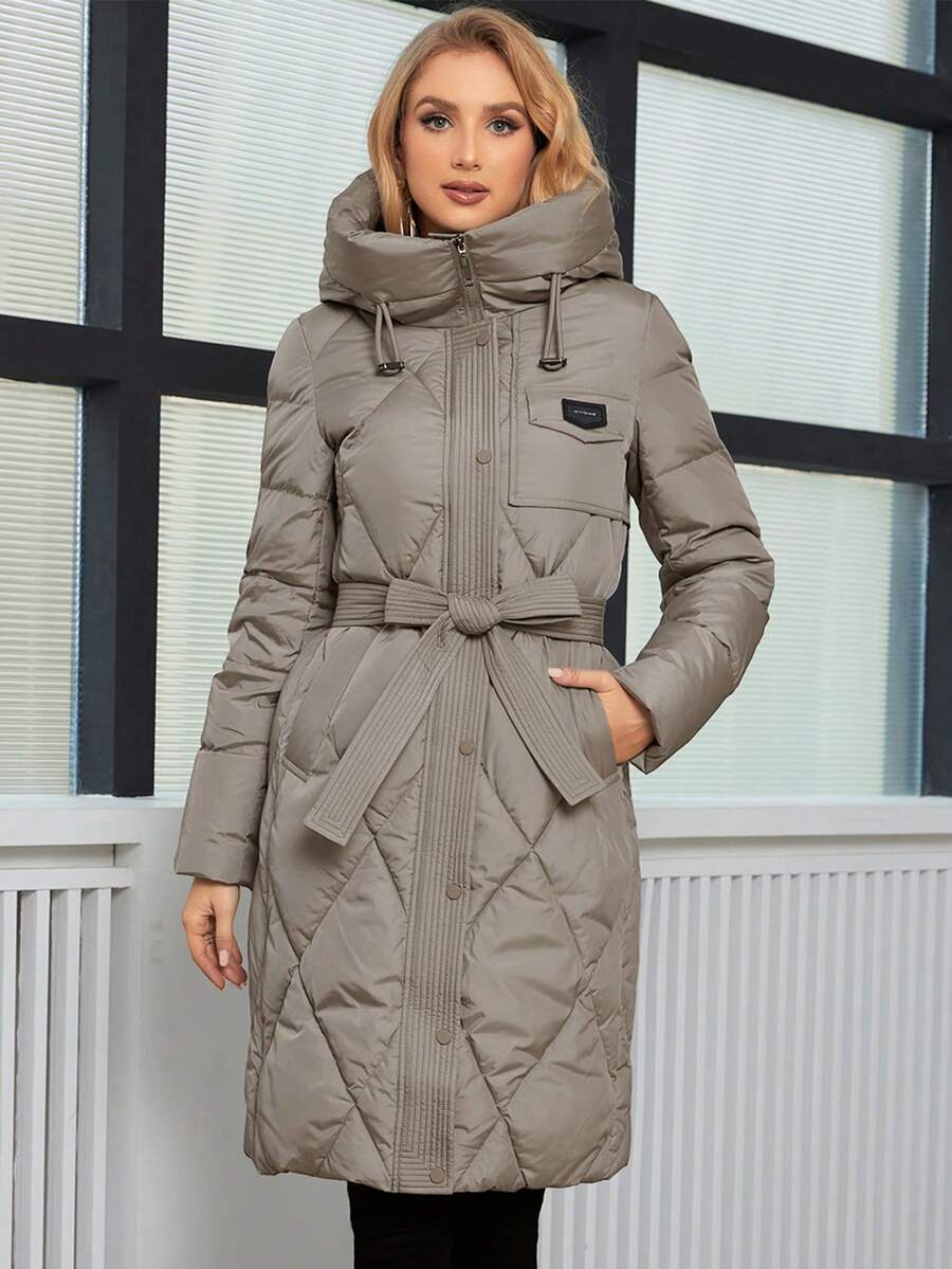 GASMAN Áo khoác trùm đầu có đệm họa tiết chữ kim cương mùa đông dành cho nữ - Màu Khaki - Xem 1