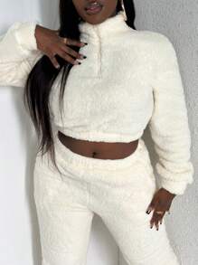 Slaydiva Women'S Fluffy Drop Shoulder Hoodie And Sweatpants Set - White - View 4