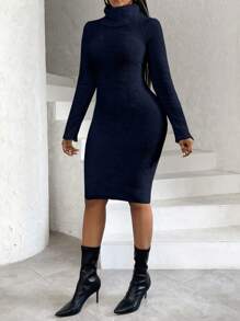 SHEIN Slayr Của phụ nữ Cổ cao Màu thuần Váy bodycon - Xanh đậm - Xem 4