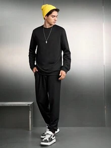 SWAVVY Men's Knit Casual Sweatshirt And Long Pants Set With Text Print - Black - View 4