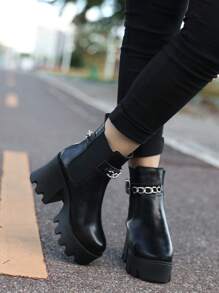 Black European And American Fashion Women's Chelsea Boots With Metallic Chain And Thick Heel - Black - View 5