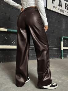 SHEIN Coolane Pu Straight Leg Pants - Coffee Brown - View 2