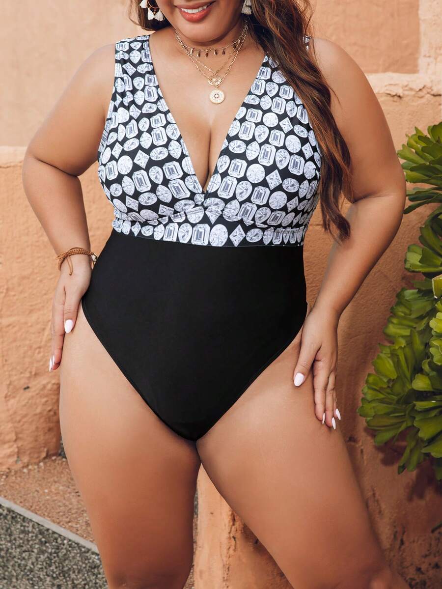 SHEIN Swim Curve 大尺碼一件式泳衣,鑽石印花和拼接設計 - 彩色 - 查看 1