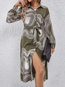 SHEIN Clasi Random Print Long Sleeve Dress - Army Green - View 1