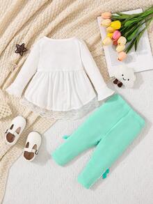 2pcs/Set Baby Girls' Lace & Floral Edge Outfit, Cute, Elegant, , Casual, Suitable , Parties, Vacations, And Daily Wear - Multicolor - View 2