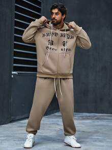 Manfinity Homme Men's Plus Size Letter Printed Hoodie And Pants Set - Apricot - View 3
