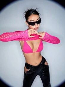 SHEIN ICON Women's Hollow Out Knitted Ultra Short Sweater - Hot Pink - View 4