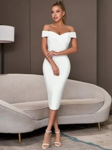 Off Shoulder High Waist Bandage Bodycon Party Dress - White - View 6