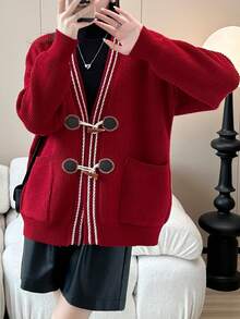 Fashionable V-Neck Cardigan With Sheep Horn Buttons, Spring/Autumn - Red - View 4
