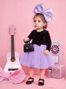SHEIN Baby Girl Princess Velvet Spliced Mesh Round Neck Long Sleeve Belt Dress - Multicolor - View 3