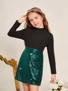 SHEIN Tween Girl Knitted Solid Color Stand Collar Top With Woven Beaded Hem Skirt Set - Black - View 5