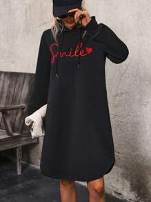 SHEIN LUNE Letter & Heart Embroidery Drawstring Hoodie - Black - View 4
