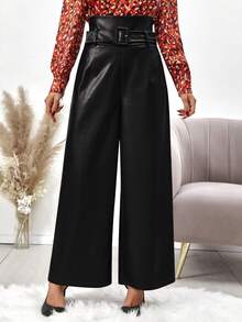 SHEIN Clasi Cao eo Thắt lưng chất liệu da PU Quần ống rộng - màu đen - Xem 5