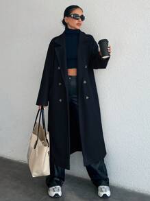 EURMUSE Women's Double Breasted Long Woolen Coat - Navy Blue - View 1