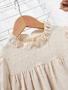 SHEIN 1 Piece Ruffled Stand-up Collar Lotus Knot Small Puff Long-sleeved Cute Simple Casual Street Girl's Shirt - Apricot - View 3
