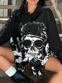 SHEIN ICON Skull Print Drop Shoulder Shirt - Black - View 5