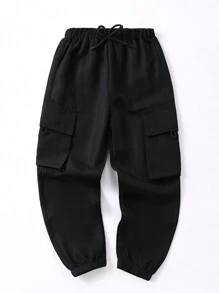 SHEIN Young Boy Loose Fit Black Cargo Pants Chic Outfits For Autumn/Winter - Black - View 1