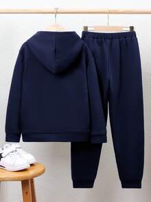 SHEIN Tween Boy Hooded Comfortable Sweatshirt And Sweatpants Set - Navy Blue - View 2