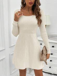 SHEIN Clasi Thanh lịch Của phụ nữ Trân châu Dát Đầy Màu thuần A-line Đầm Áo len - Màu be - Xem 5