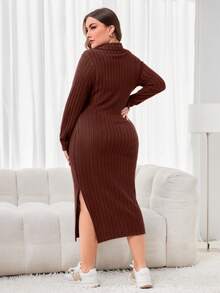 Modelyn 大尺寸劈開長袖連衣裙 - 咖啡棕 - 查看 2