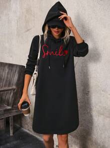 SHEIN LUNE Letter & Heart Embroidery Drawstring Hoodie - Black - View 3