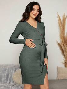 SHEIN 孕婦羈扣束帶連身裙 - 綠色 - 查看 5
