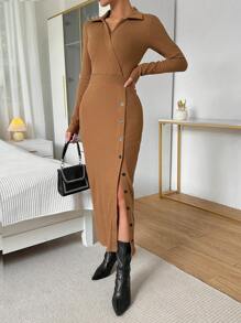 SHEIN Essnce Women's Long Sleeve Dress With Collar And Buttoned Hem - Mocha Brown - View 3
