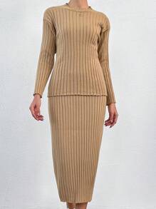 EURMUSE Women's Knitted Sweater And Knit Skirt Two-piece Set - Beige - View 5