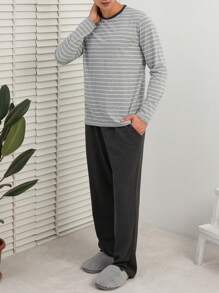 SHEIN Cottnline Men's Striped Homewear Set - Light Grey - View 3