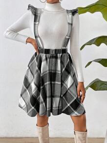 SHEIN Essnce Váy có dây đeo & áo len kẻ sọc có viền xếp nếp - màu đen - Xem 6