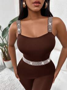 SHEIN Slayr 水晶肩帶&編織圖案拼接緊身連身褲 - 咖啡棕 - 查看 3
