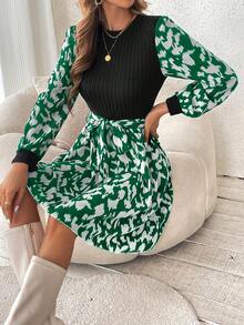 SHEIN Frenchy Của phụ nữ In Đồ họa Tay áo lồng đèn Váy có thắt lưng - Nhiều màu - Xem 4