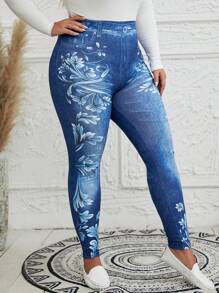 EMERY ROSE 女性加大碼花紋和牛仔效果緊身褲 - 藍色 - 查看 4