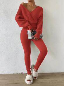 SHEIN Essnce 女士v領毛衣和緊身針織褲套裝 - 橘色 - 查看 5