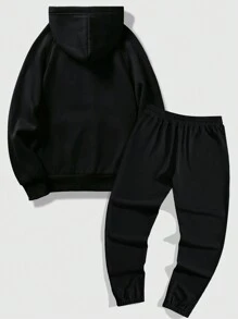 ROMWE MEN Street Life 男士蜘蛛網&字母印花連帽衛衣和運動長褲套裝,附束繩 - 黑色 - 查看 2