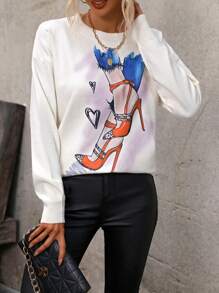SHEIN LUNE Women's High Heels Printed Round Neck Sweater Knit Pullover Fall Winter Outfit