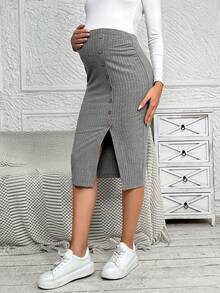 SHEIN Maternity Button Decorated Slit Hem Skirt - Grey - View 3