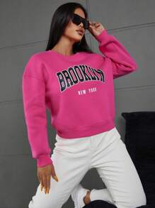 SHEIN PETITE Letter Graphic Drop Shoulder Sweatshirt - Hot Pink - View 3