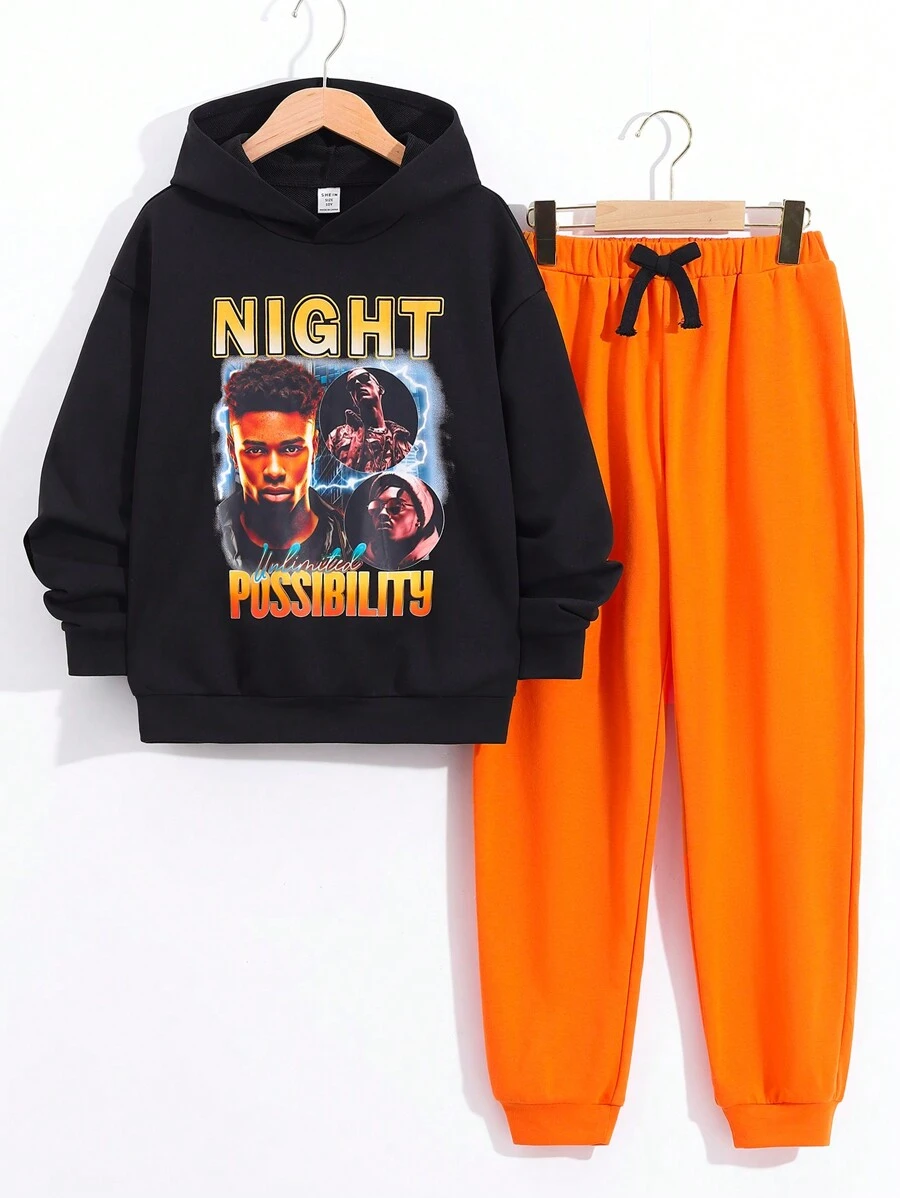 SHEIN Conjunto De Sudadera Con Capucha Impresa Y Pantalones De Punto De Color Sólido De Estilo Casual Callejero Para Niños - Multicolor - Ver 1