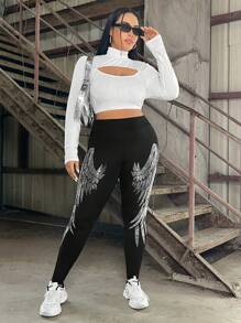 SHEIN EZwear Plus Size Leggings With Hotfix Rhinestone Wings Pattern - Black - View 3