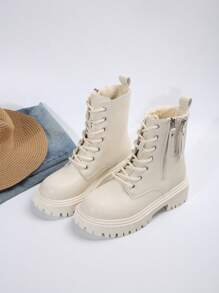 女士保暖内衬战斗靴，纯色双拉链短靴，冬季保暖户外靴 - 米色 - 查看 3