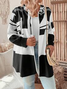 SHEIN LUNE Của phụ nữ Kích thước lớn Hình học In Dây kéo áo có mũ Áo khoác - Nhiều màu - Xem 3