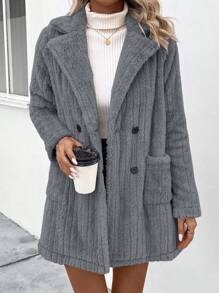 SHEIN LUNE 女平駁領雙排扣大衣 - 深灰色 - 查看 1