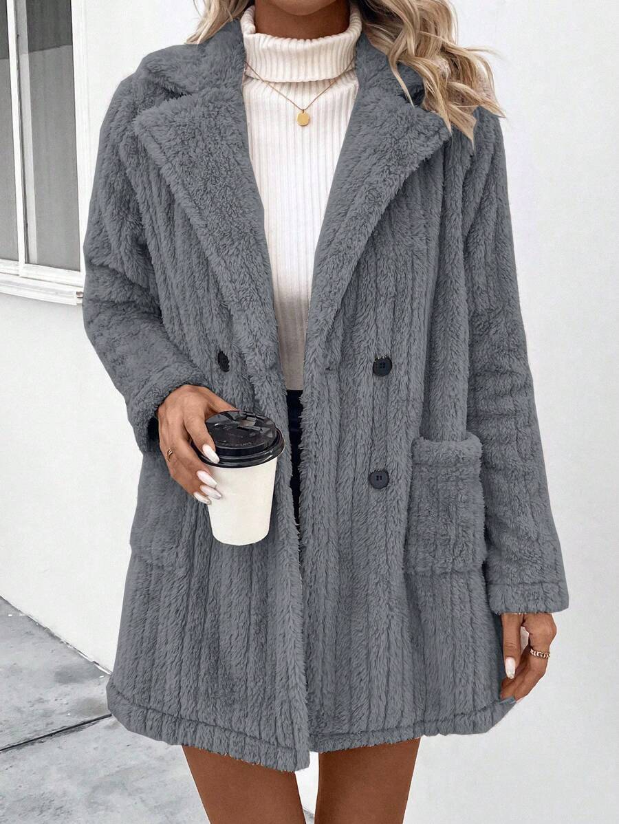 SHEIN LUNE 女平駁領雙排扣大衣 - 深灰色 - 查看 1