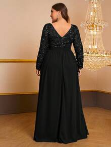 YISIKADO 女款大尺碼舞會晚禮服亮片 V 領長袖連身裙 - 黑色 - 查看 2