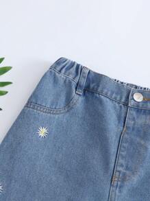 青少女基礎休閒鄉村風格印花刺繡寬鬆鑲邊七分褲 - 中等水洗藍 - 查看 5
